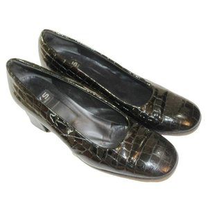Black Croc Print Leather Pumps Size 8.5 M Italian Shoes 2.75" Heels VS Career